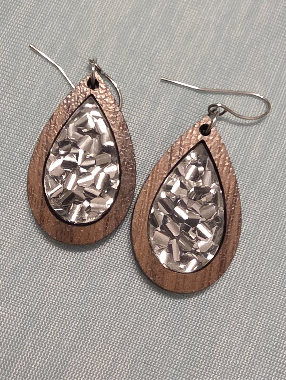 Jamielizabeth Wood Teardrop Earrings with Silver Mosaic Inlay - Women Jewelry